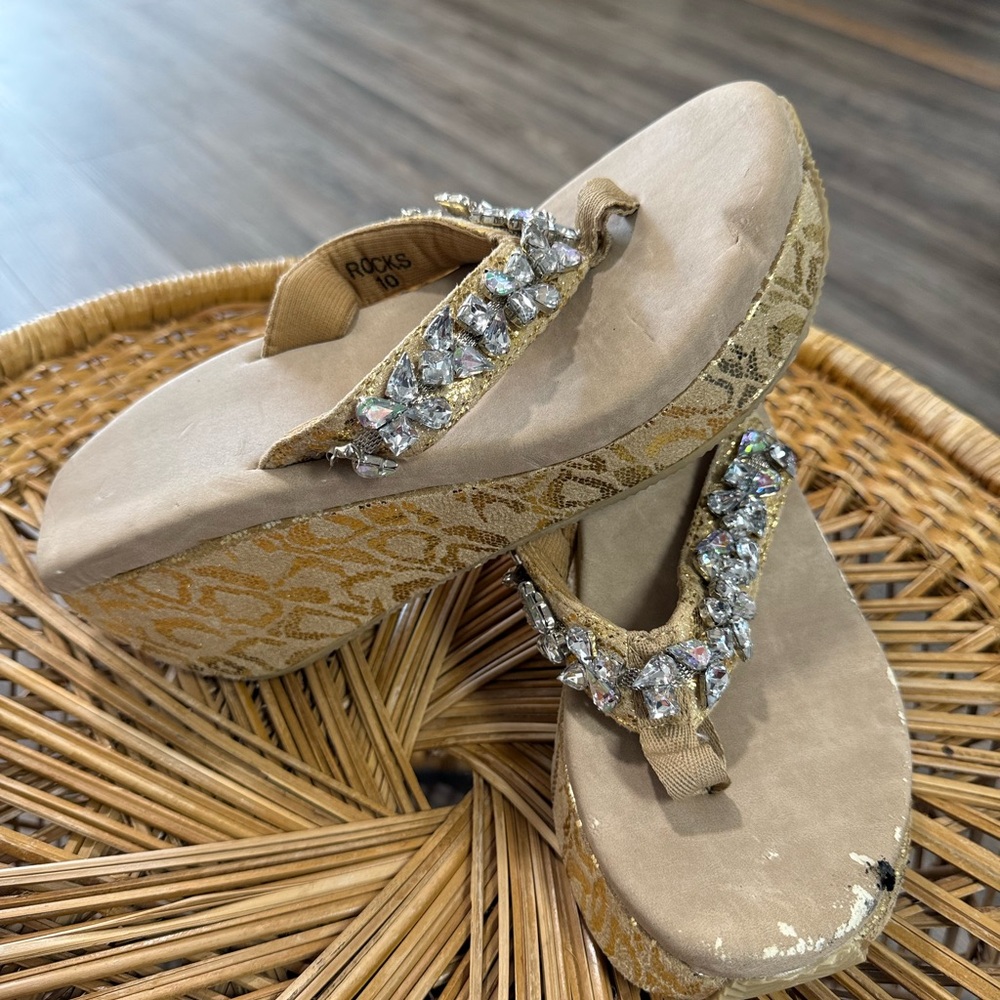 Rocks Women's Tan Wedge Sandals with Rhinestones